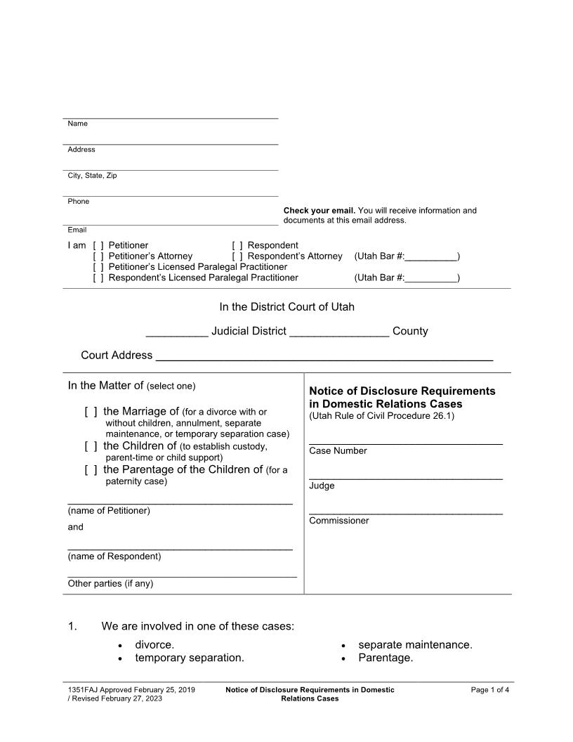 Notice Of Disclosure Requirements In Domestic Cases {1351FAJ} | Pdf Fpdf Docx | Utah