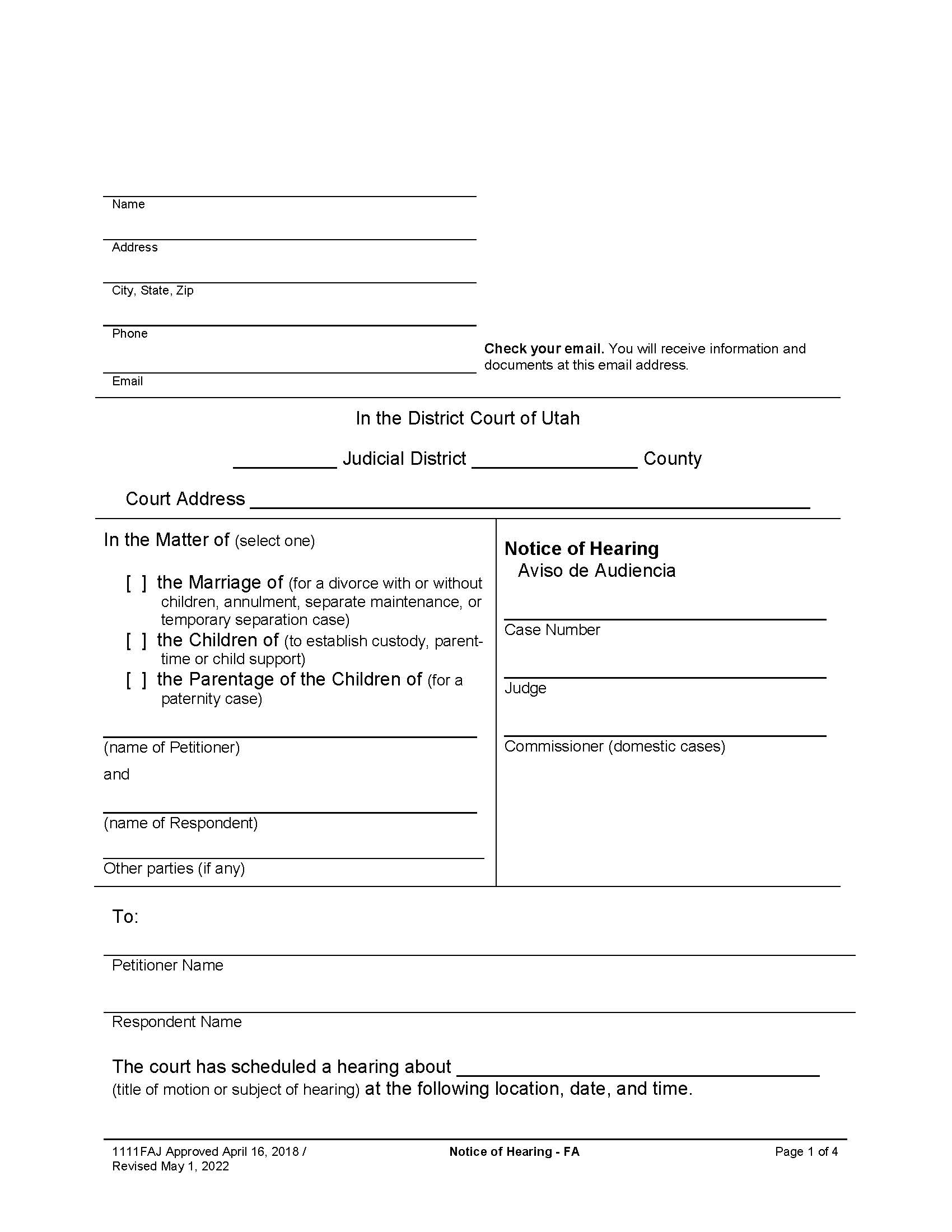 Notice of Hearing (Family) {1111FAJ} | Pdf Fpdf Docx | Utah