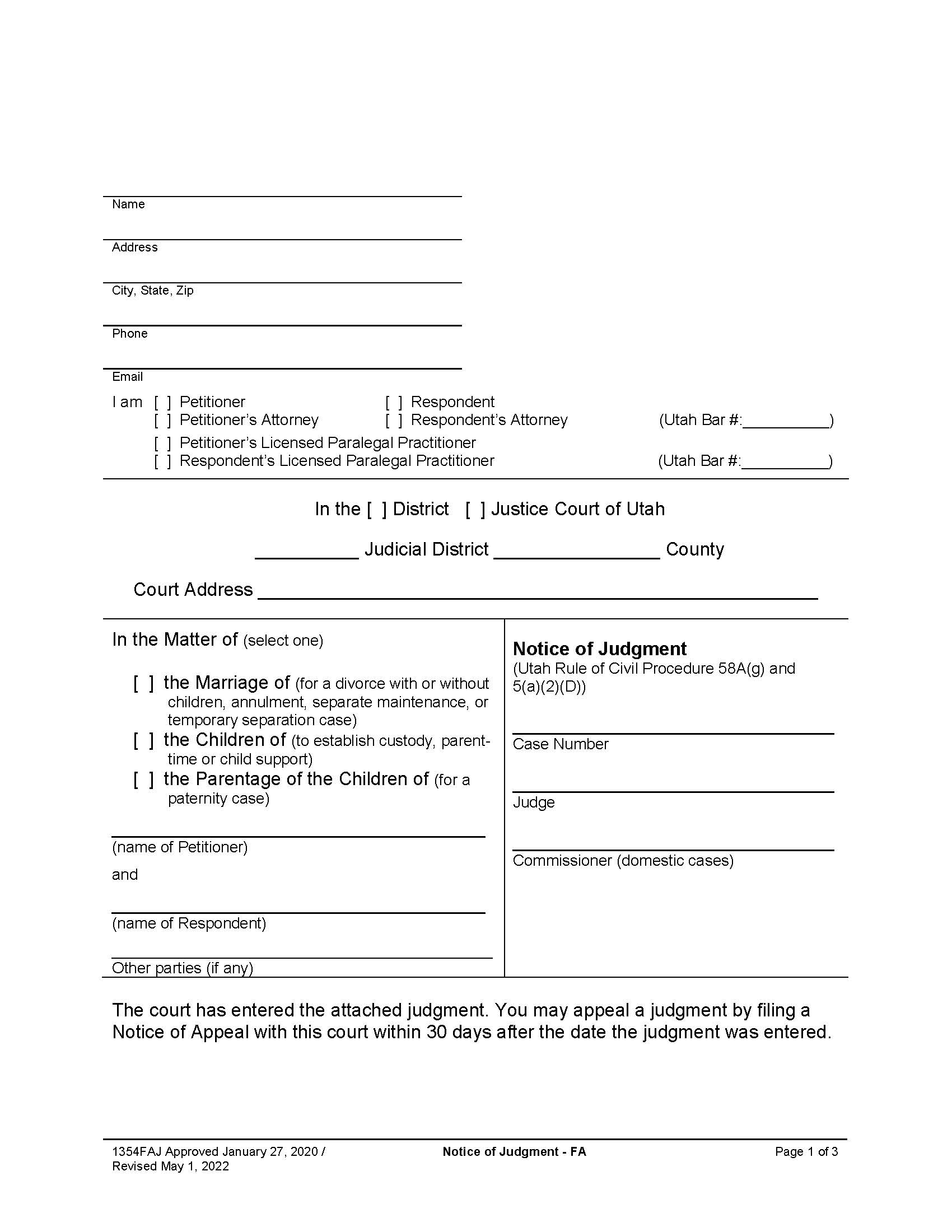 Notice of Judgment (Family) {1354FAJ} | Pdf Fpdf Docx | Utah