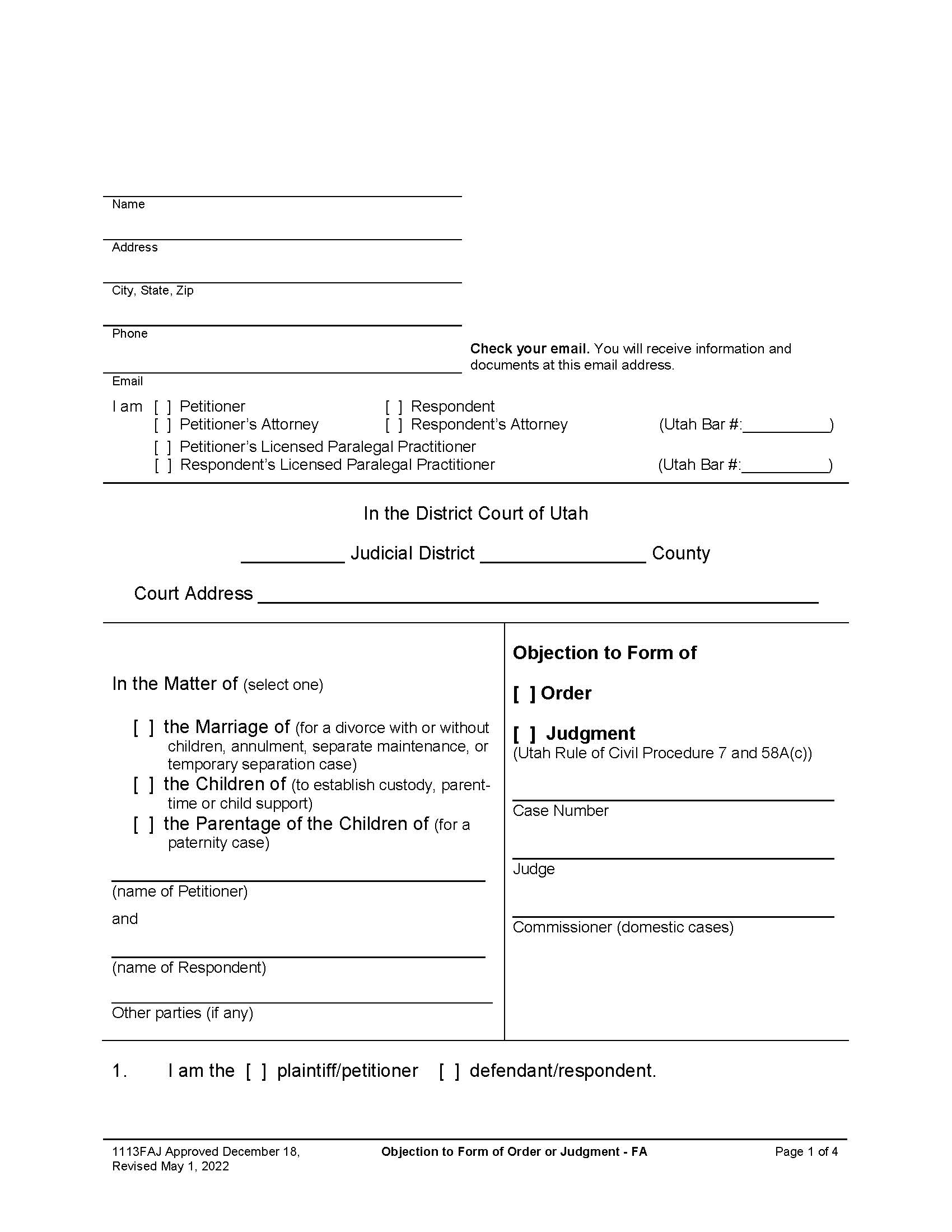 Objection To Form Of Order Or Judgment (Family) {1113FAJ} | Pdf Fpdf Docx | Utah