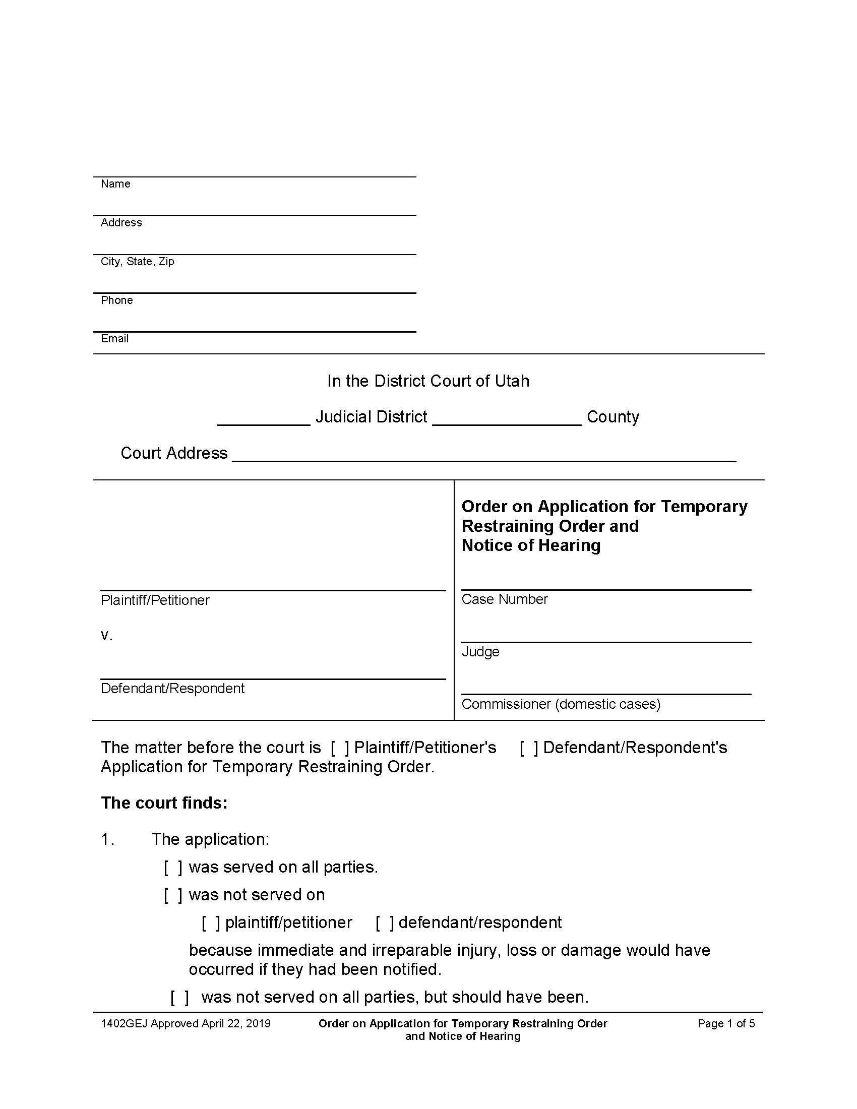 Order On Application For Temporary Restraining Order Notice of Hearing {1402GEJ} | Pdf Fpdf Docx | Utah
