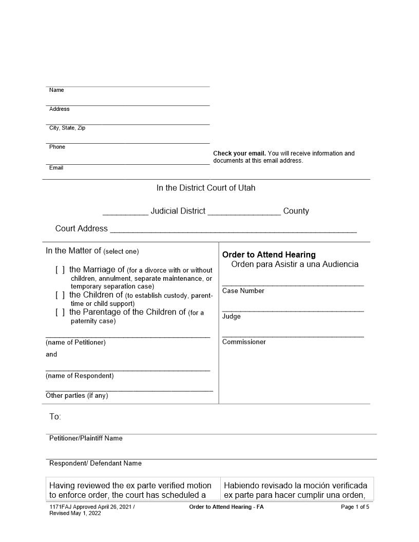 Order To Attend Hearing (Family) {1171FAJ} | Pdf Fpdf Docx | Utah