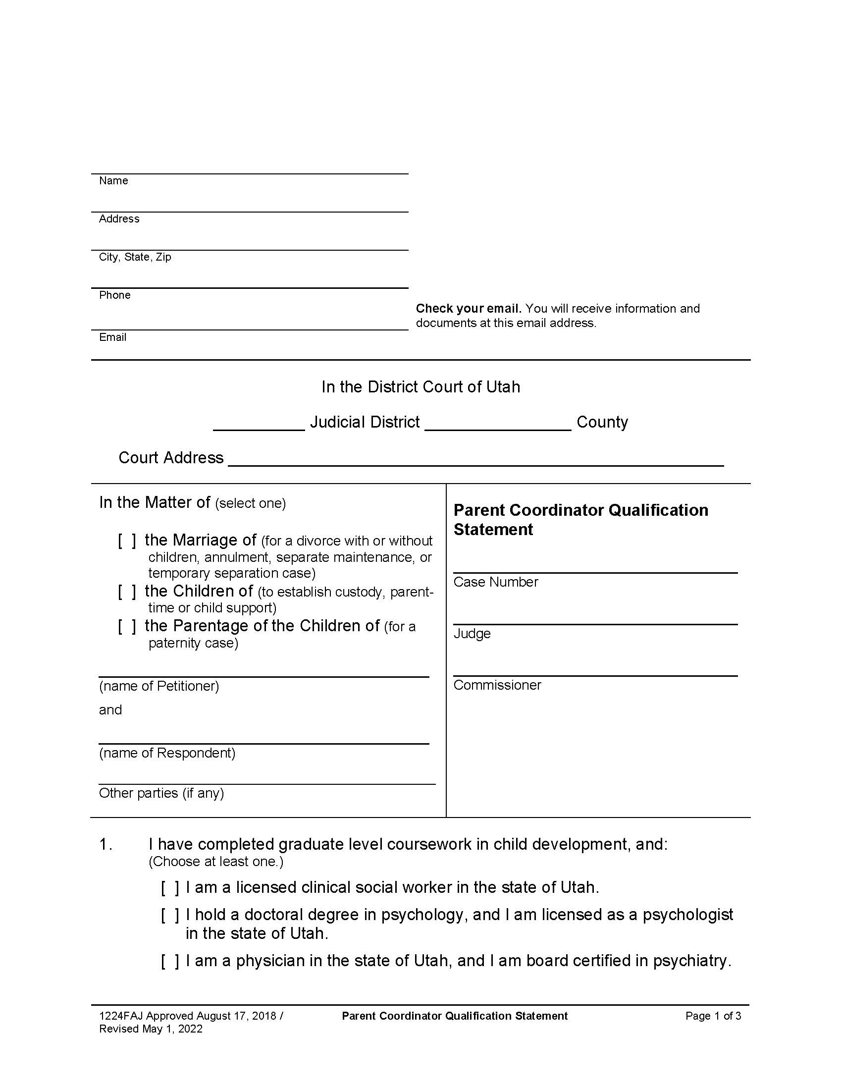 Parent Coordinator Qualification Statement {1224FAJ} | Pdf Fpdf Docx | Utah