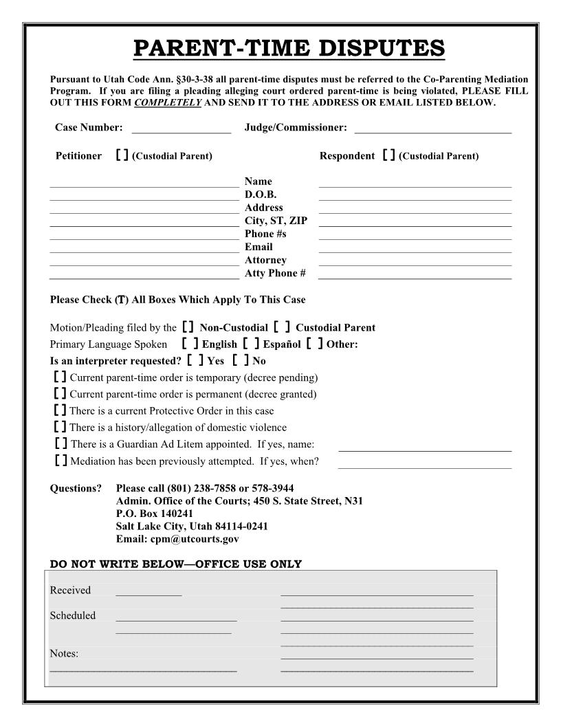 Parent-Time Disputes (Referral To Co-Parenting Mediation - 3rd District) | Pdf Fpdf Docx | Utah