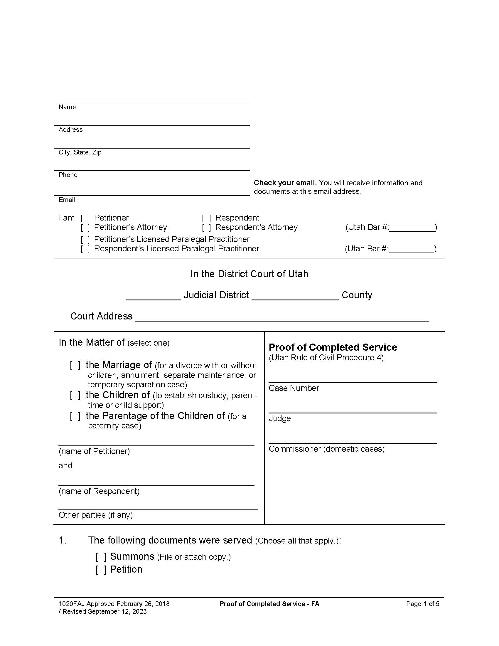 Proof Of Completed Service (Family) {1020FAJ} | Pdf Fpdf Docx | Utah