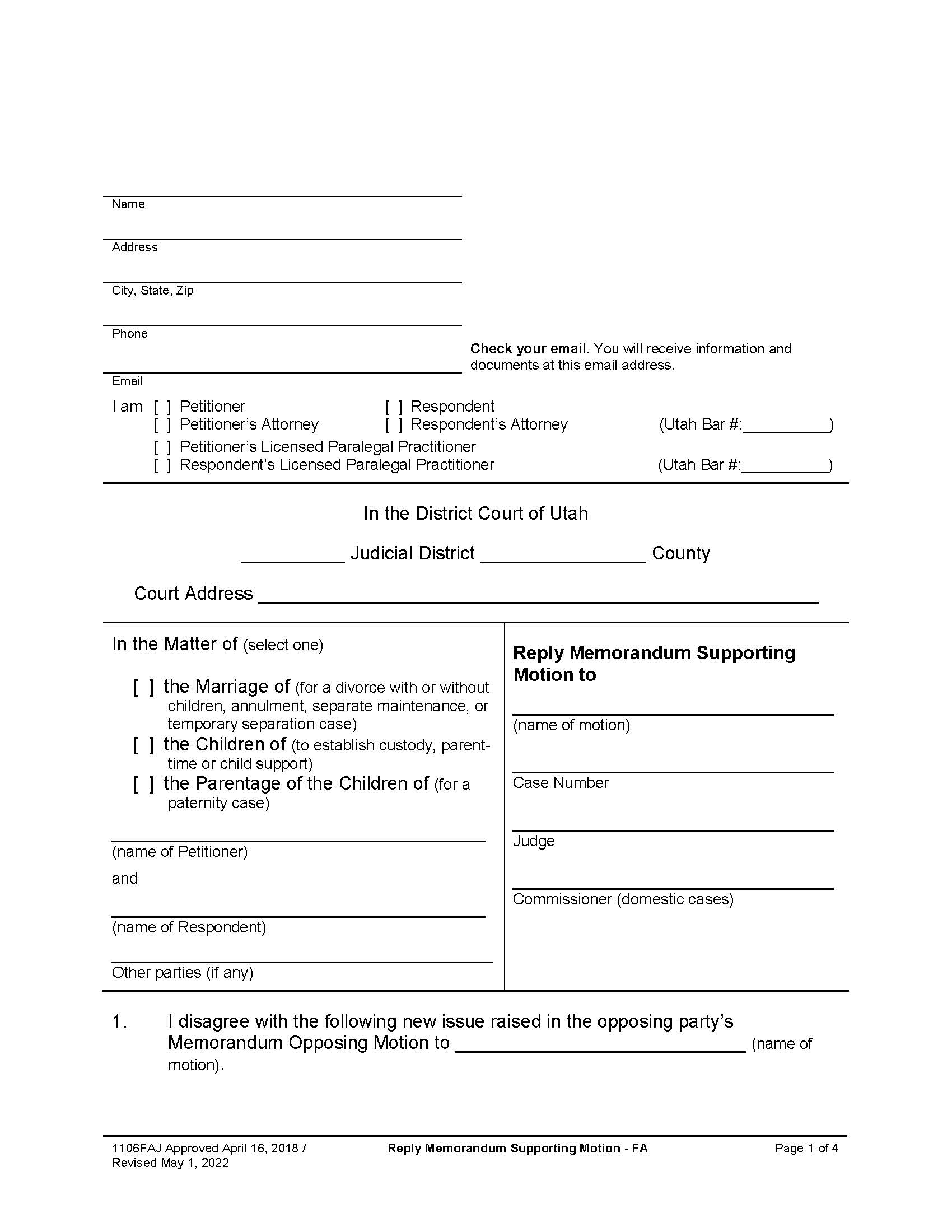 Reply Memorandum Supporting Motion (Family) {1106FAJ} | Pdf Fpdf Docx | Utah