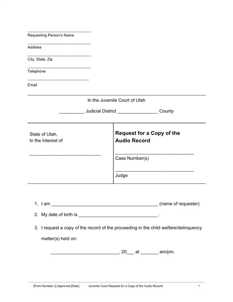 Request For A Copy Of An Audio Record {Form J} | Pdf Fpdf Docx | Utah