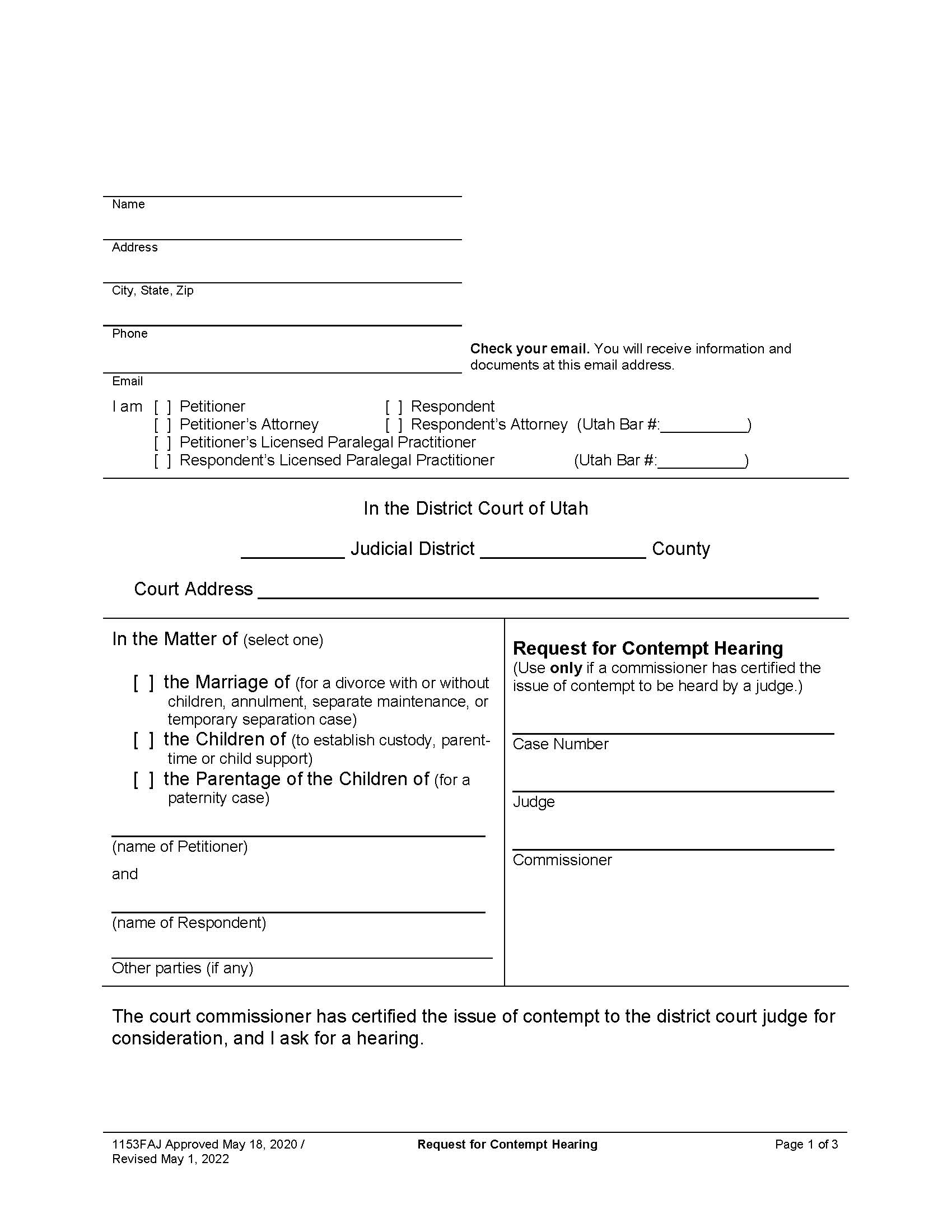 Request For Contempt Hearing {1153FAJ} | Pdf Fpdf Docx | Utah