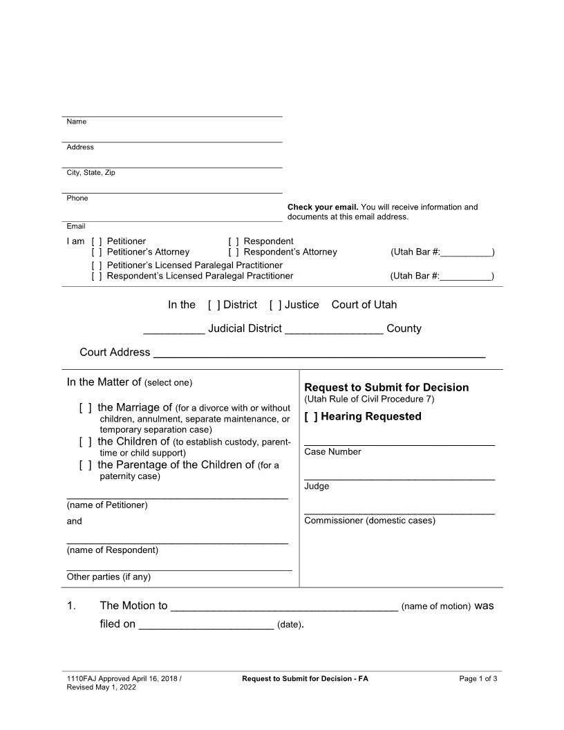 Request To Submit For Decision (Family - Hearing Requested) {1110FAJ} | Pdf Fpdf Docx | Utah