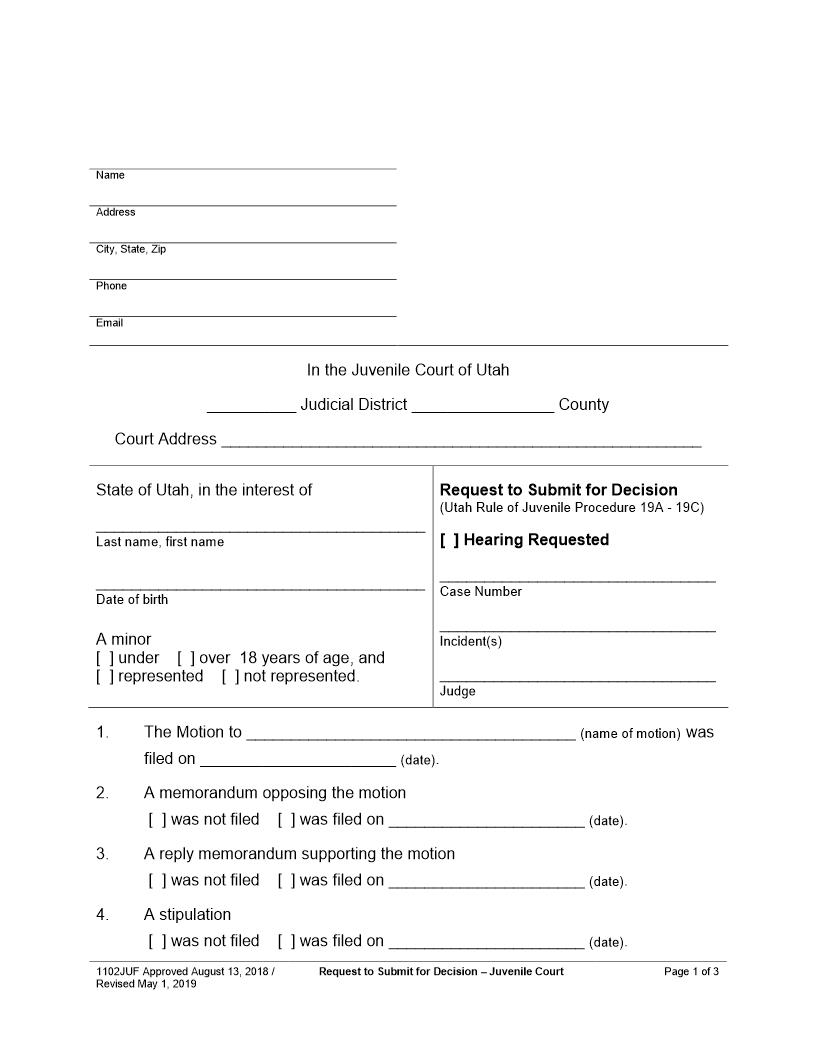 Request To Submit For Decision - Juvenile Court (Hearing Requested) {1102JUF} | Pdf Fpdf Docx | Utah