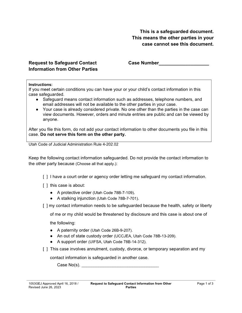 Request to Safeguard Contact Information from Other Parties {1053GEJ} | Pdf Fpdf Docx | Utah