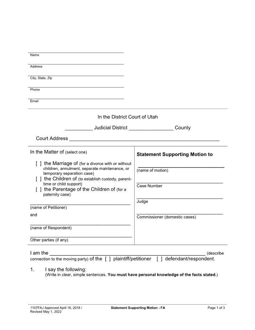 Statement Supporting Motion (Family) {1107FAJ} | Pdf Fpdf Docx | Utah