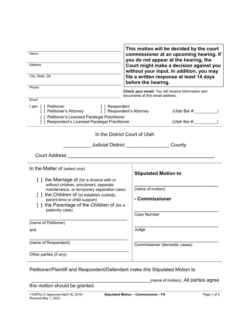 Stipulated Motion (Family - Commissioner) {1102FAJ-C} | Pdf Fpdf Docx | Utah