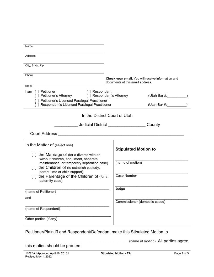 Stipulated Motion (Family) {1102FAJ} | Pdf Fpdf Docx | Utah