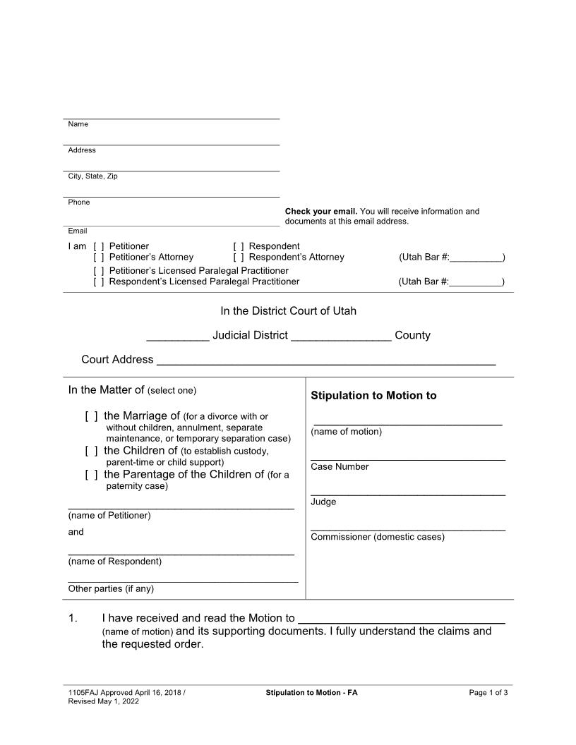 Stipulation To Motion (Family) {1105FAJ} | Pdf Fpdf Docx | Utah