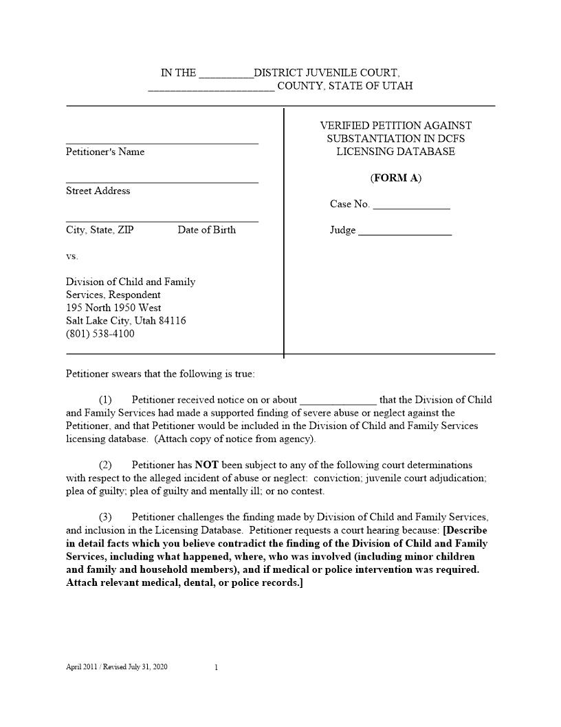 Verified Petition Against Substantiation In DCFS Licensing Database (Packet) | Pdf Fpdf Docx | Utah