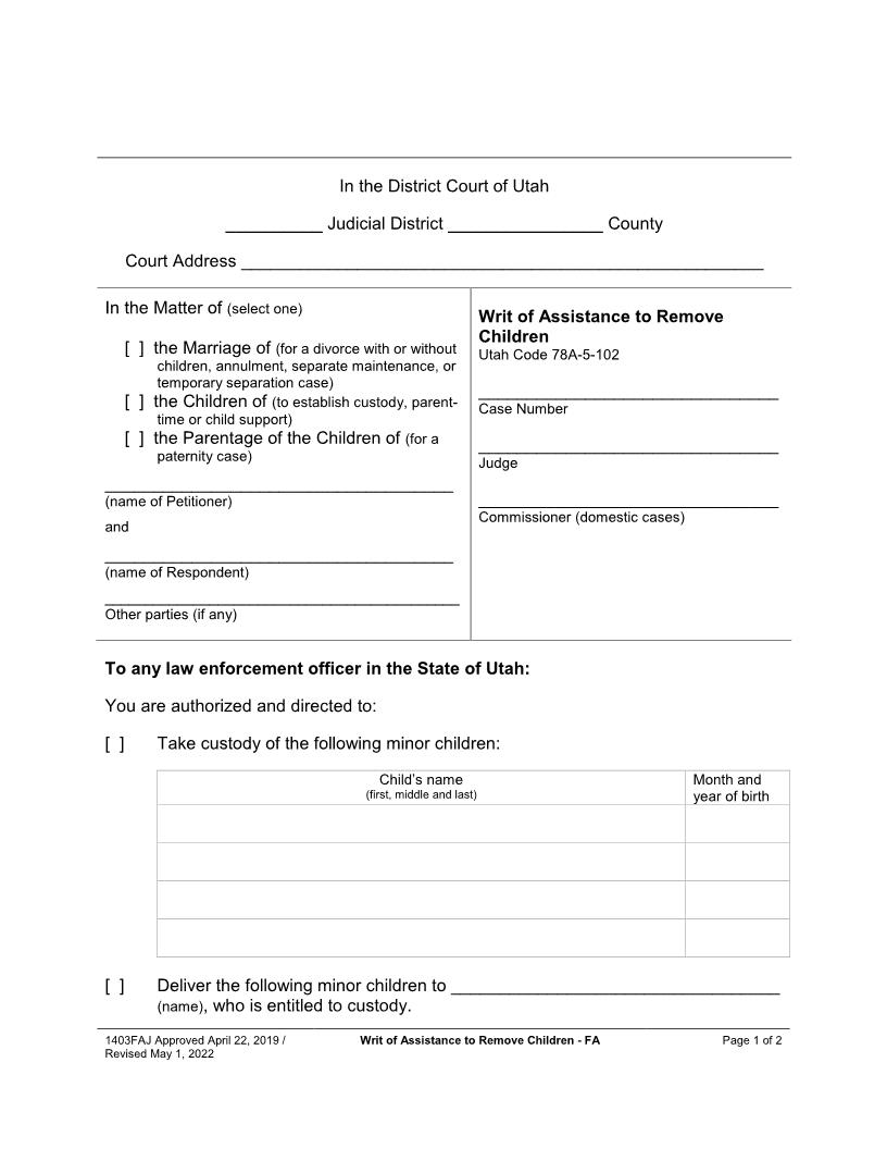 Writ Of Assistance To Remove Children - FA {1403FAJ} | Pdf Fpdf Docx | Utah
