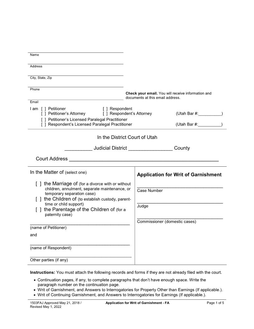 Application For Writ Of Garnishment (Family) {1503FAJ} | Pdf Fpdf Docx | Utah