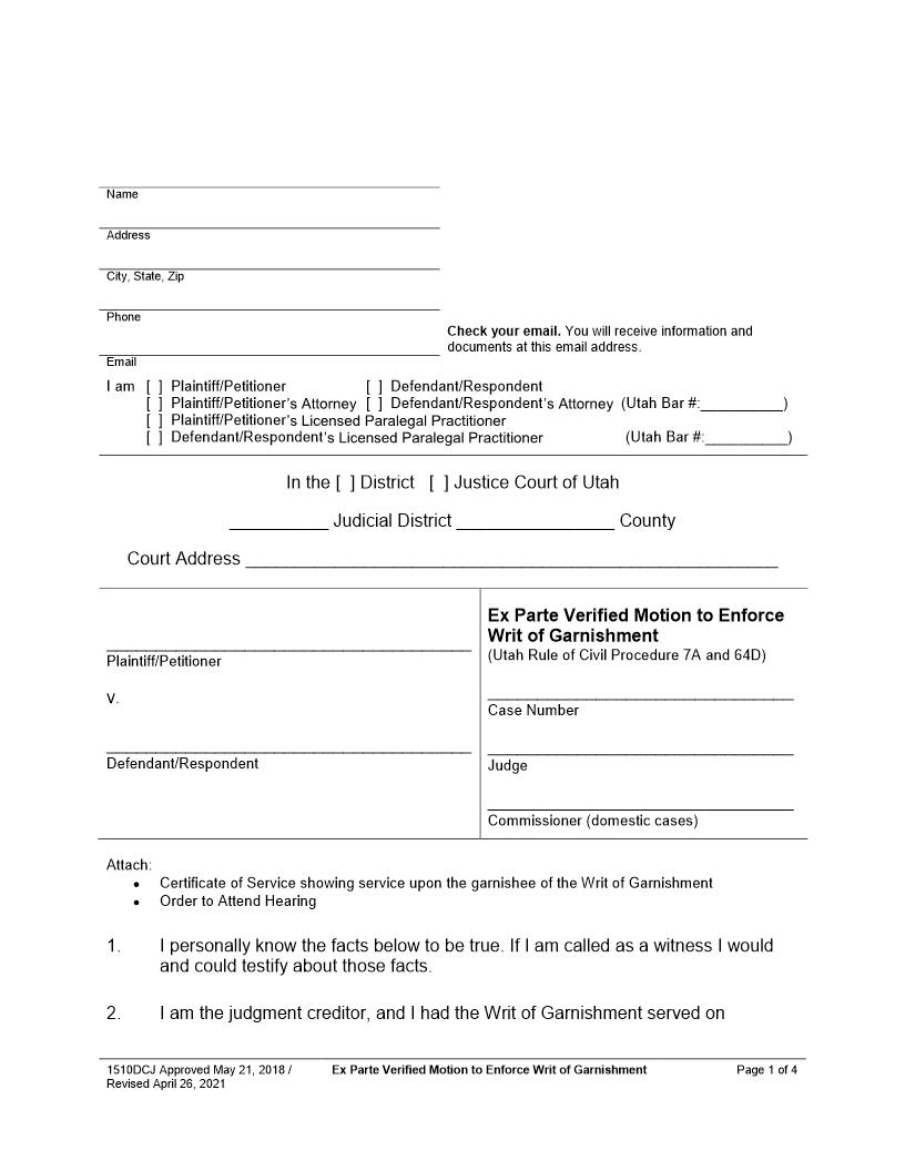 Ex Parte Verified Motion To Enforce Writ Of Garnishment {1510DCJ} | Pdf Fpdf Docx | Utah