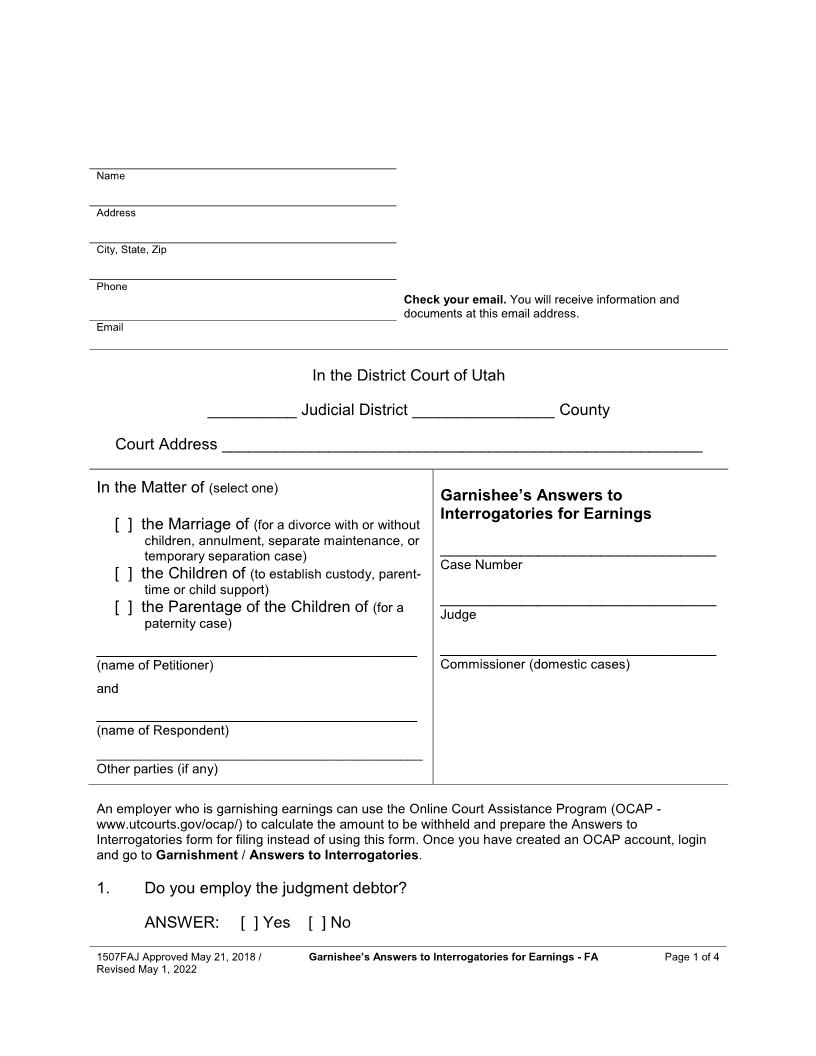 Garnishees Answers To Interrogatories For Earnings (Family) {1507FAJ} | Pdf Fpdf Docx | Utah