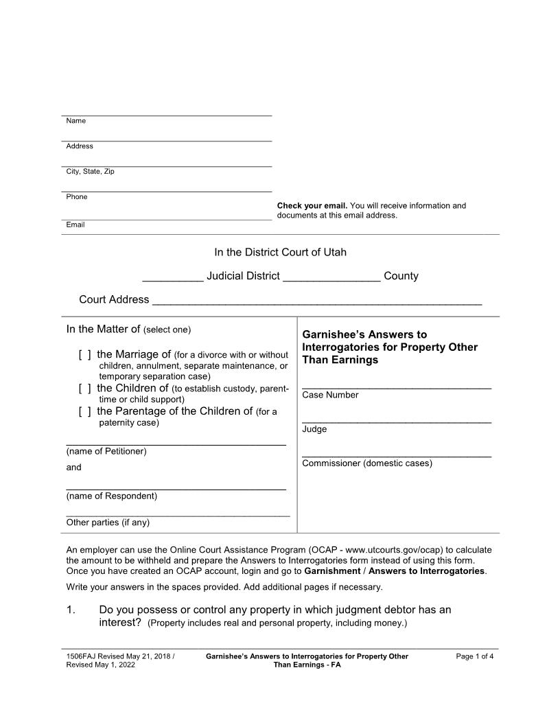 Garnishees Answers To Interrogatories For Property Other Than Earnings (Family) {1506FAJ} | Pdf Fpdf Docx | Utah
