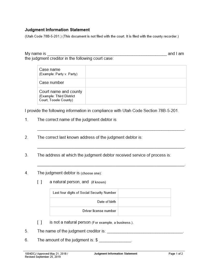 Judgment Information Statement {1004DCJ} | Pdf Fpdf Docx | Utah