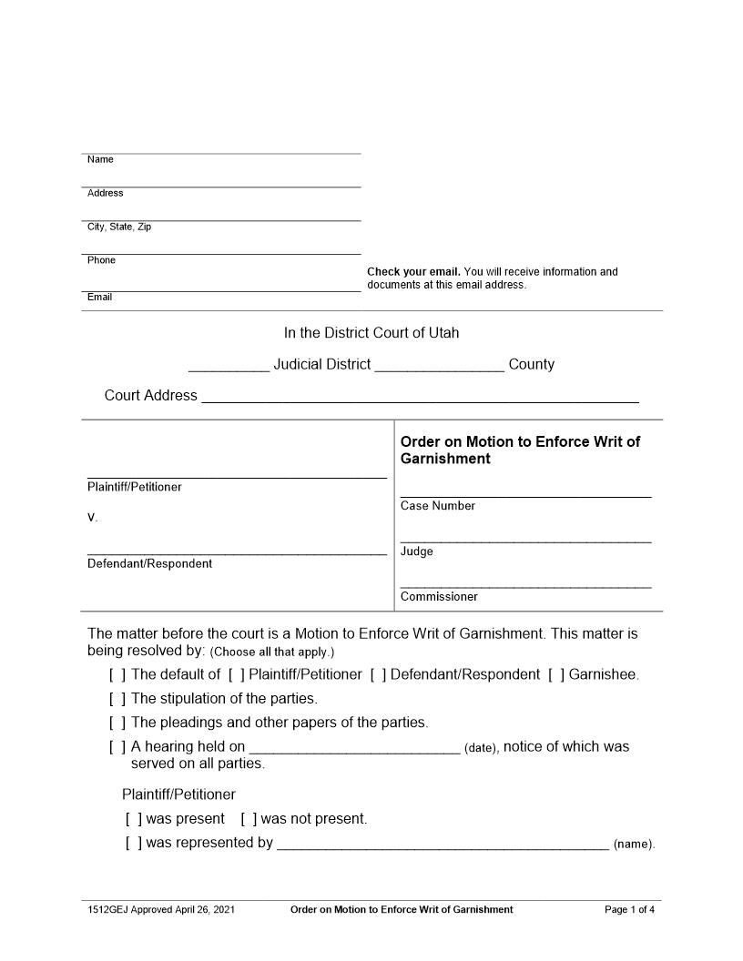 Order On Motion To Enforce Writ Of Garnishment {1512GEJ} | Pdf Fpdf Docx | Utah