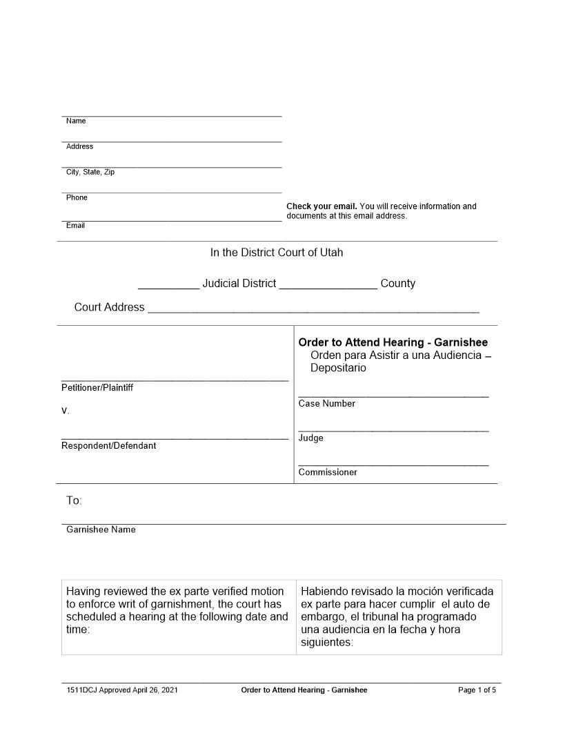 Order To Attend Hearing - Garnishee {1511DCJ} | Pdf Fpdf Docx | Utah