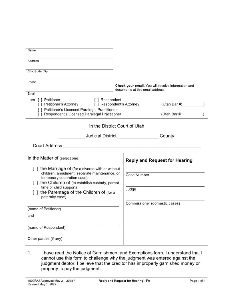 Reply And Request For Hearing (Family) {1509FAJ} | Pdf Fpdf Docx | Utah