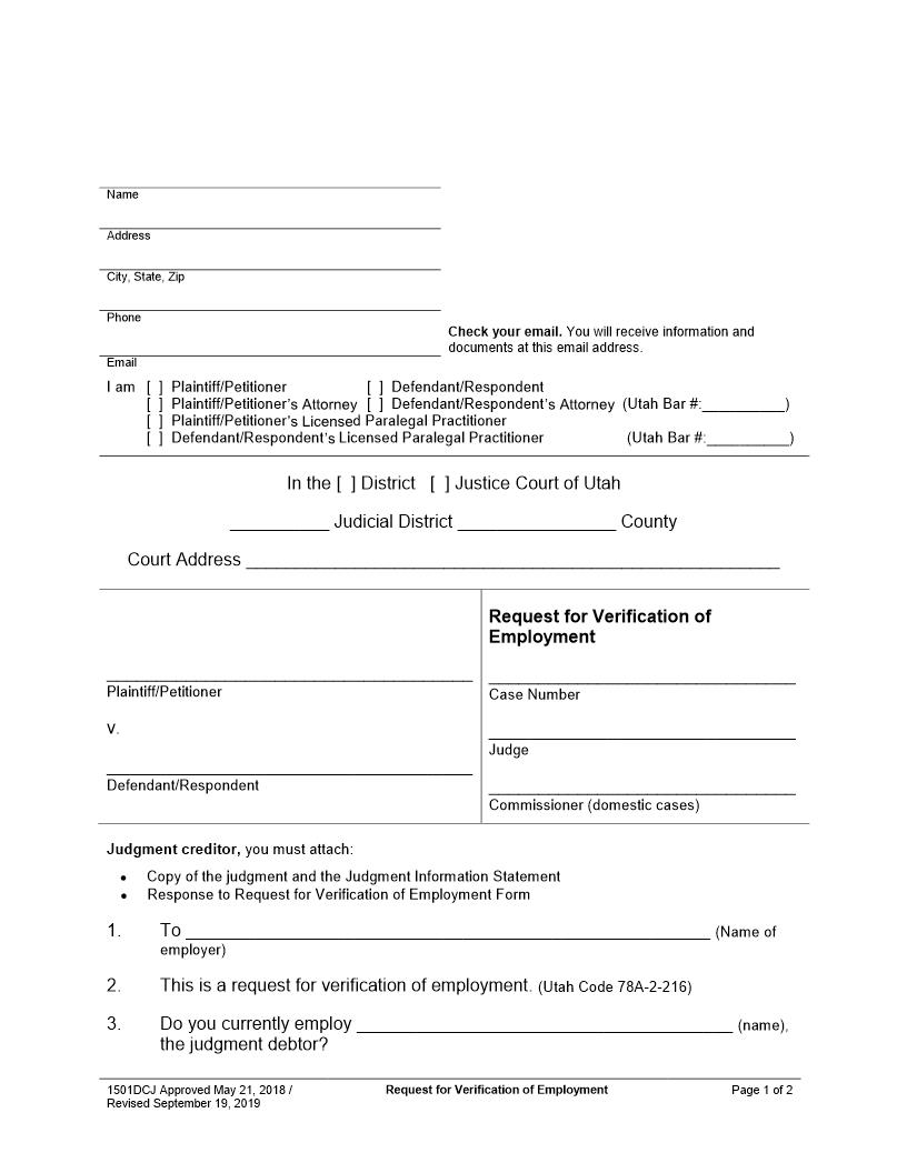 Request For Verification Of Employment {1501DCJ} | Pdf Fpdf Docx | Utah