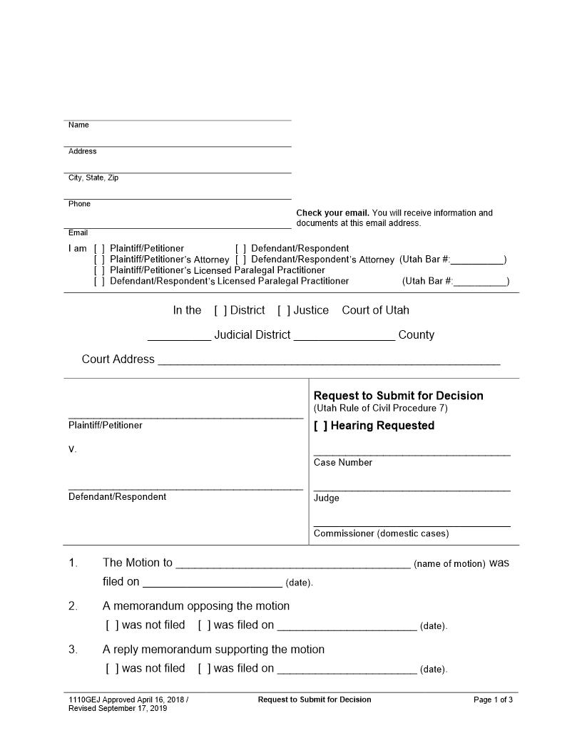 Request To Submit For Decision (Hearing Requested) {1110GEJ} | Pdf Fpdf Docx | Utah