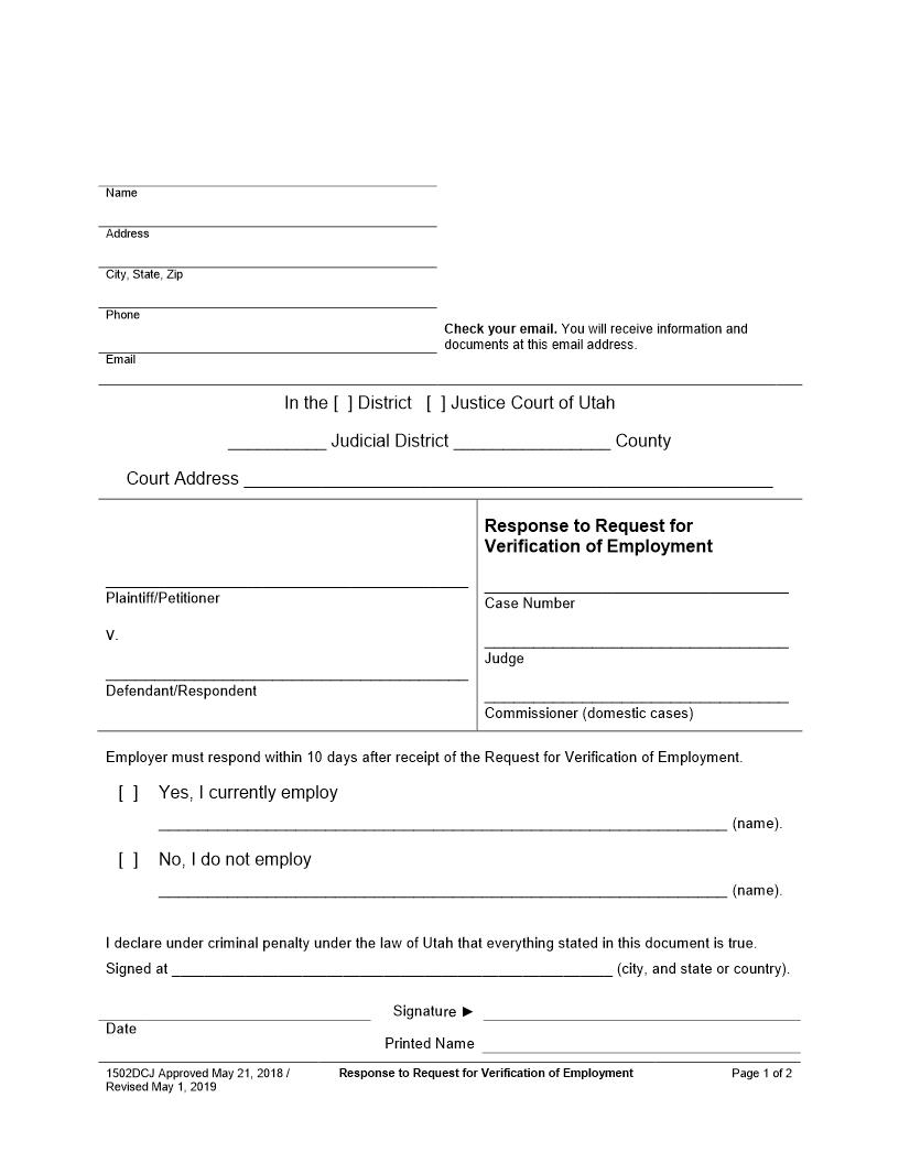 Response To Request For Verification Of Employment {1502DCJ} | Pdf Fpdf Docx | Utah