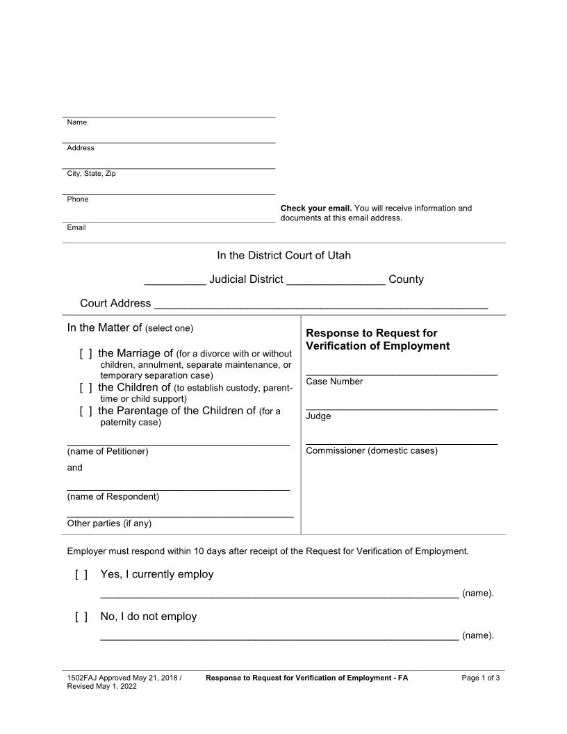Response To Request For Verification Of Employment (Family) {1502FAJ} | Pdf Fpdf Docx | Utah