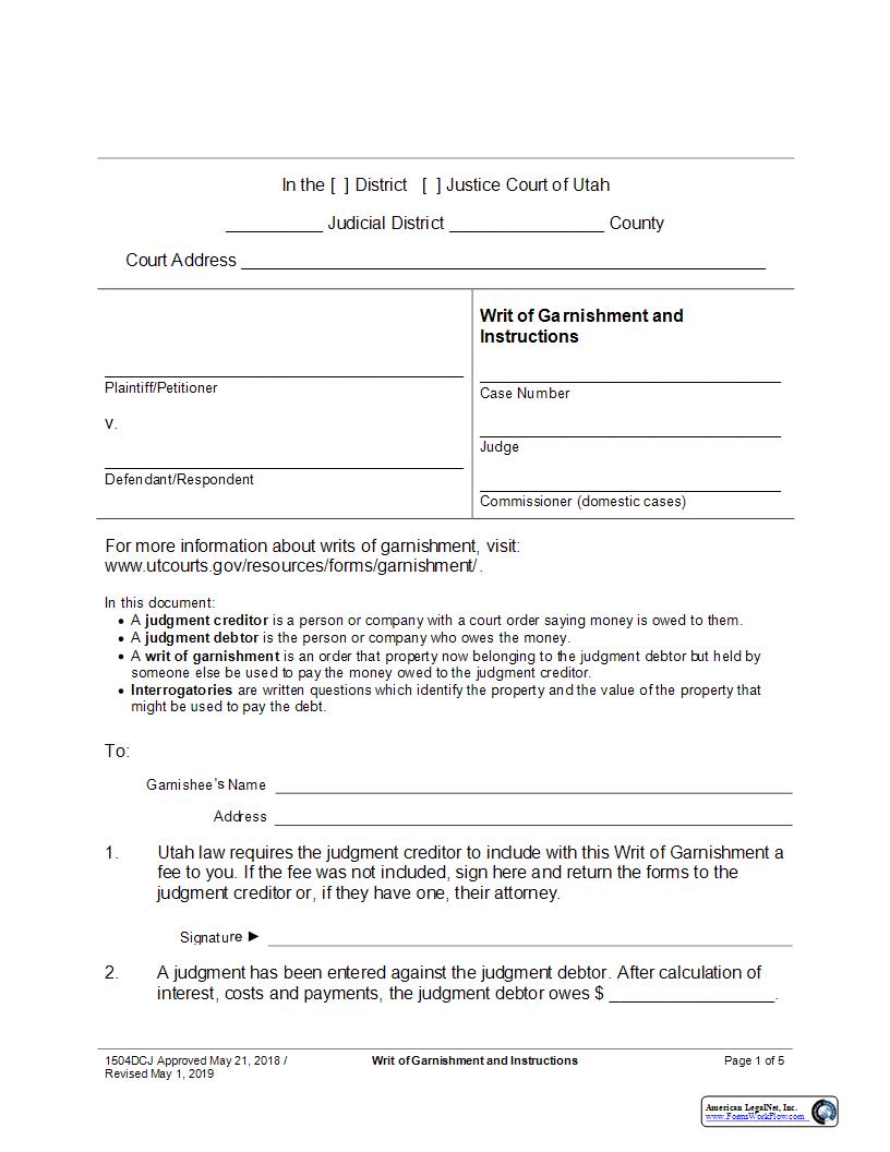 Writ Of Garnishment And Instructions | Pdf Fpdf Docx | Utah
