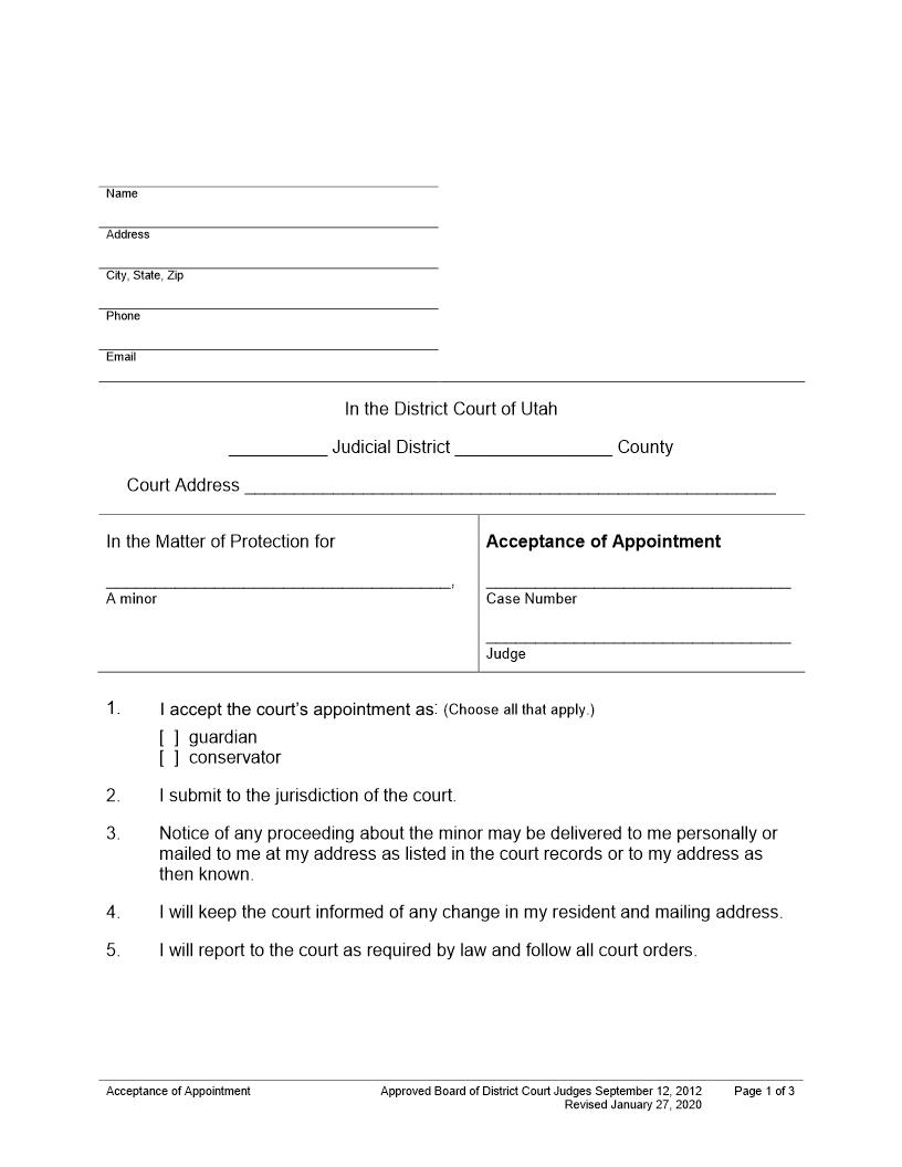 Acceptance Of Appointment (Minor) | Pdf Fpdf Docx | Utah