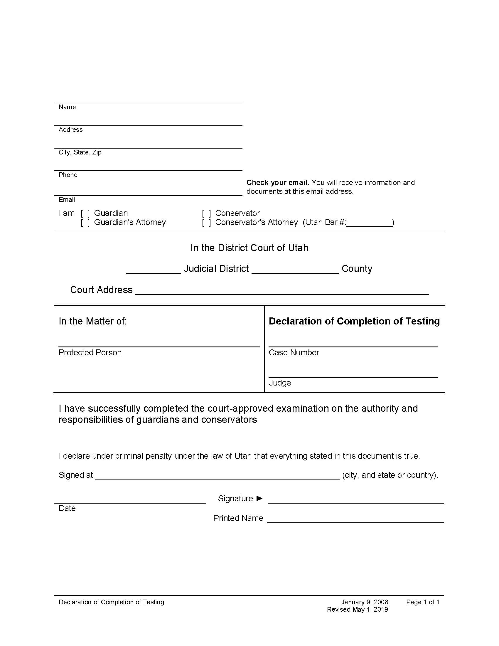 Declaration Of Completion Of Testing (Guardian Conservator Or Attorney) | Pdf Fpdf Docx | Utah
