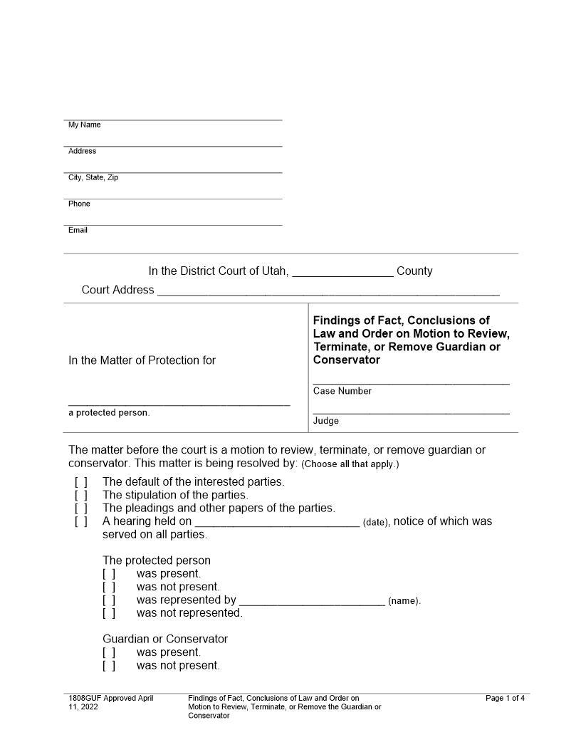 Findings Of Fact Conclusions Order On Review Terminate Remove Guardian Conservator {1808GUF} | Pdf Fpdf Docx | Utah
