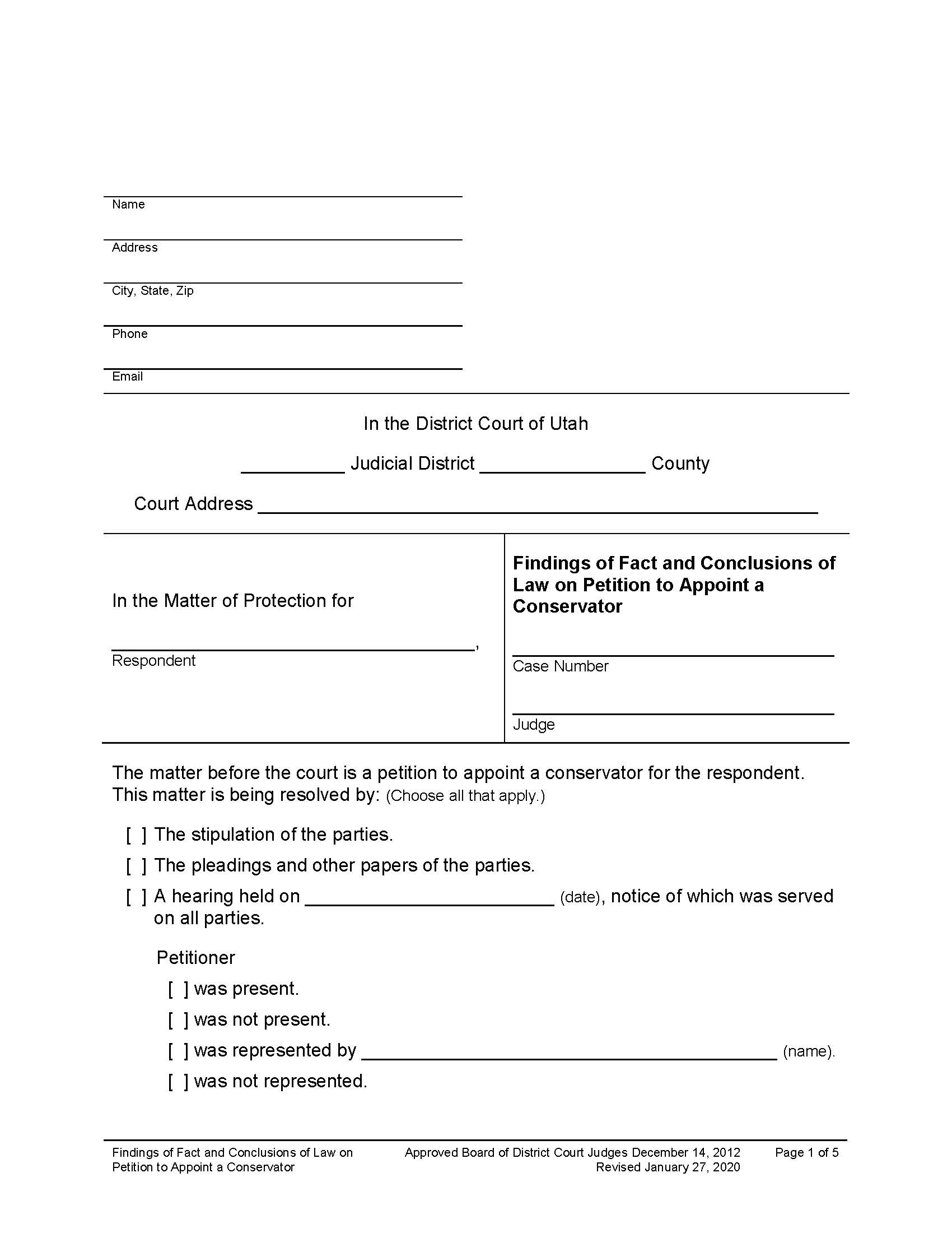 Findings Of Fact Conclusions Petition To Appoint Conservator (Adult) | Pdf Fpdf Docx | Utah