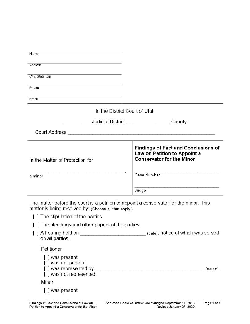 Findings Of Fact Conclusions Petition To Appoint Conservator For Minor | Pdf Fpdf Docx | Utah