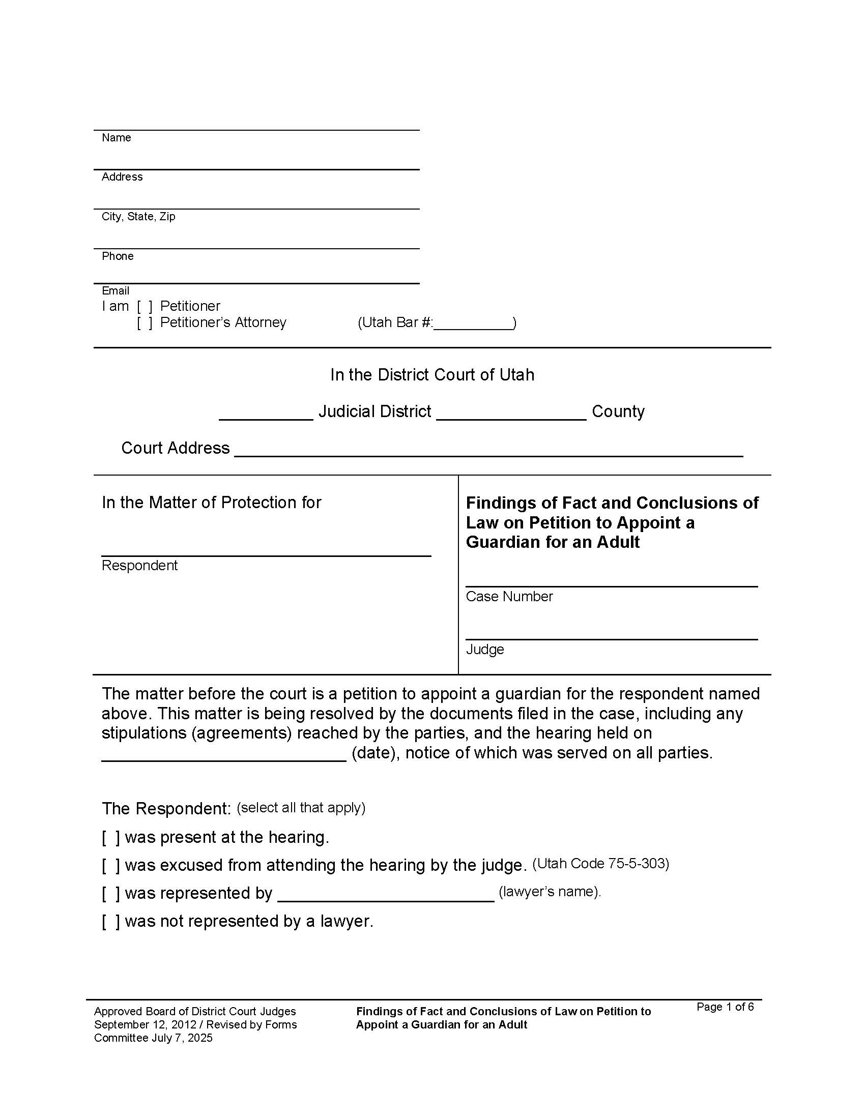 Findings Of Fact Conclusions Petition To Appoint Guardian (Adult) {UTG FCPAG} | Pdf Fpdf Docx | Utah
