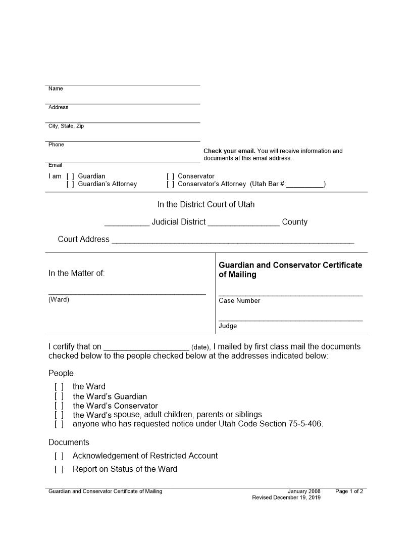 Guardians And Conservator Certificate Of Mailing | Pdf Fpdf Docx | Utah