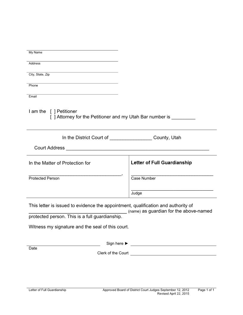 Letter Of Full Guardianship | Pdf Fpdf Docx | Utah