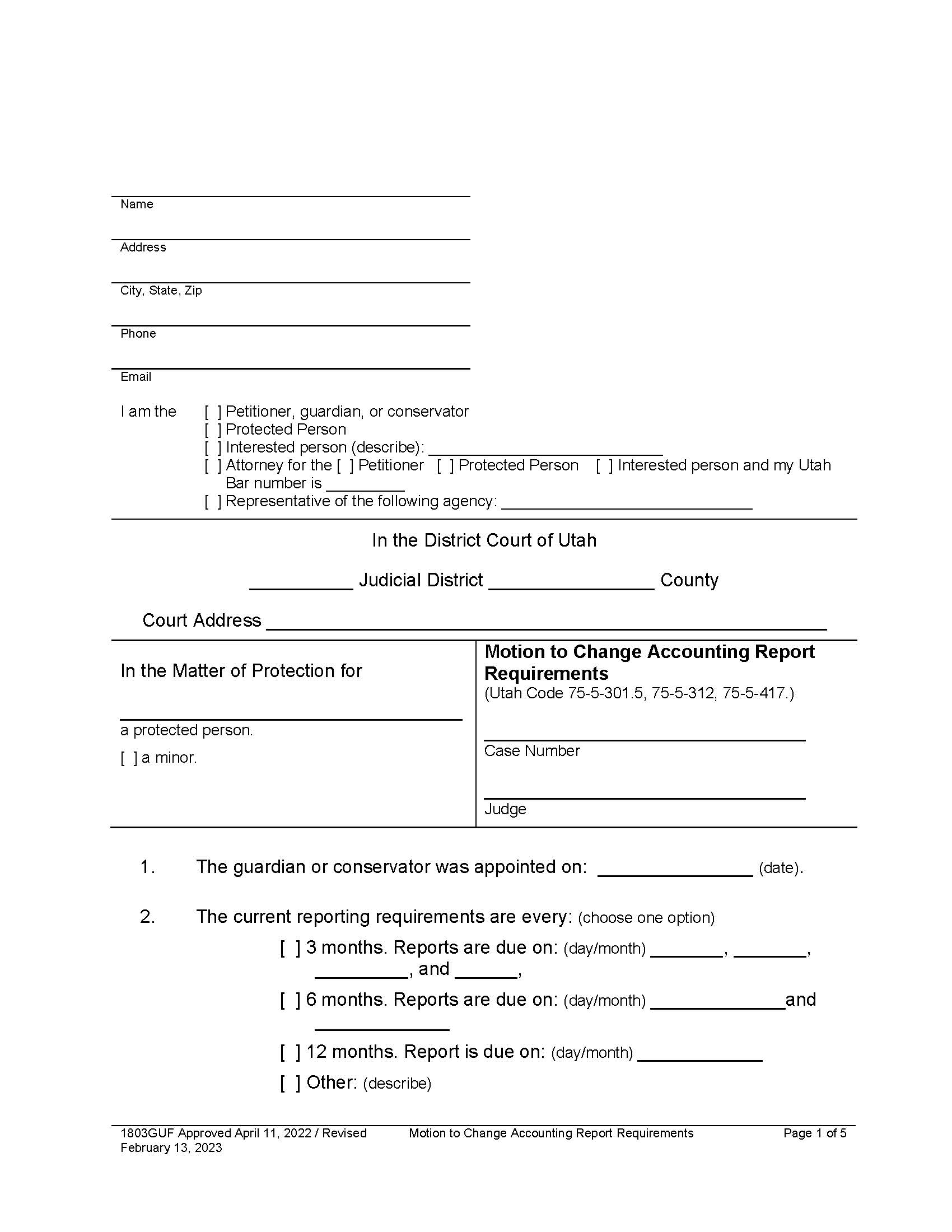 Motion To Change Accounting Report Requirements {1803GUF} | Pdf Fpdf Docx | Utah