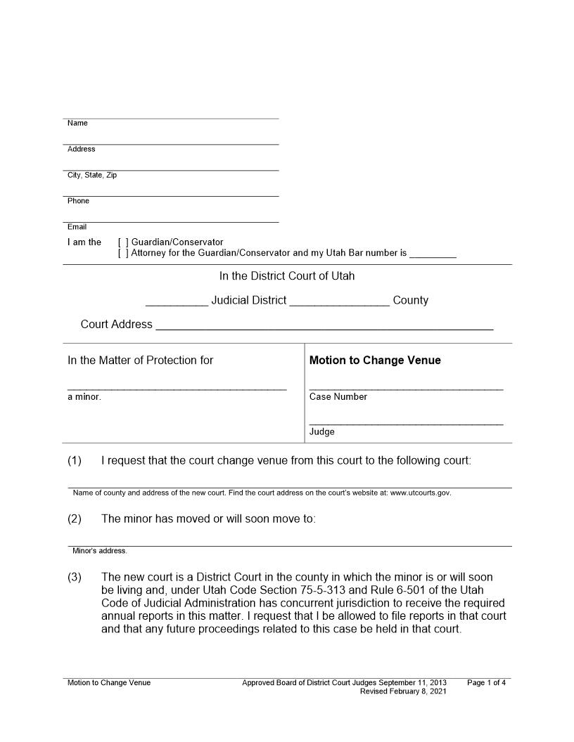 Motion To Change Venue (Minor) | Pdf Fpdf Docx | Utah