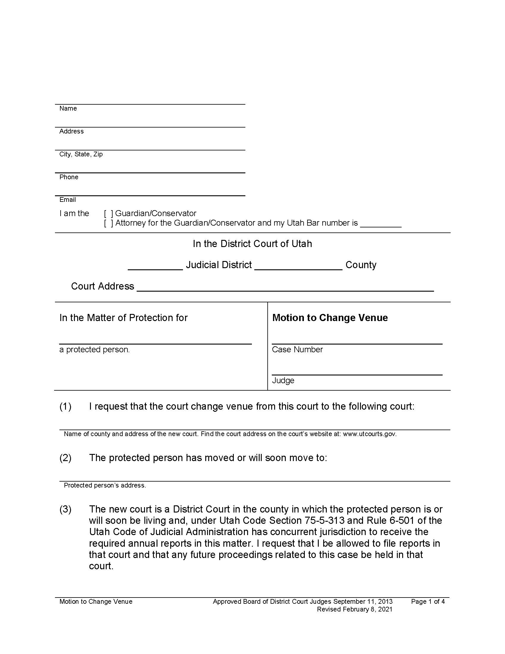 Motion To Change Venue (Protected Person) | Pdf Fpdf Docx | Utah