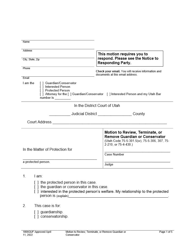 Motion To Review Terminate Or Remove Guardian Or Conservator {1806GU} | Pdf Fpdf Docx | Utah