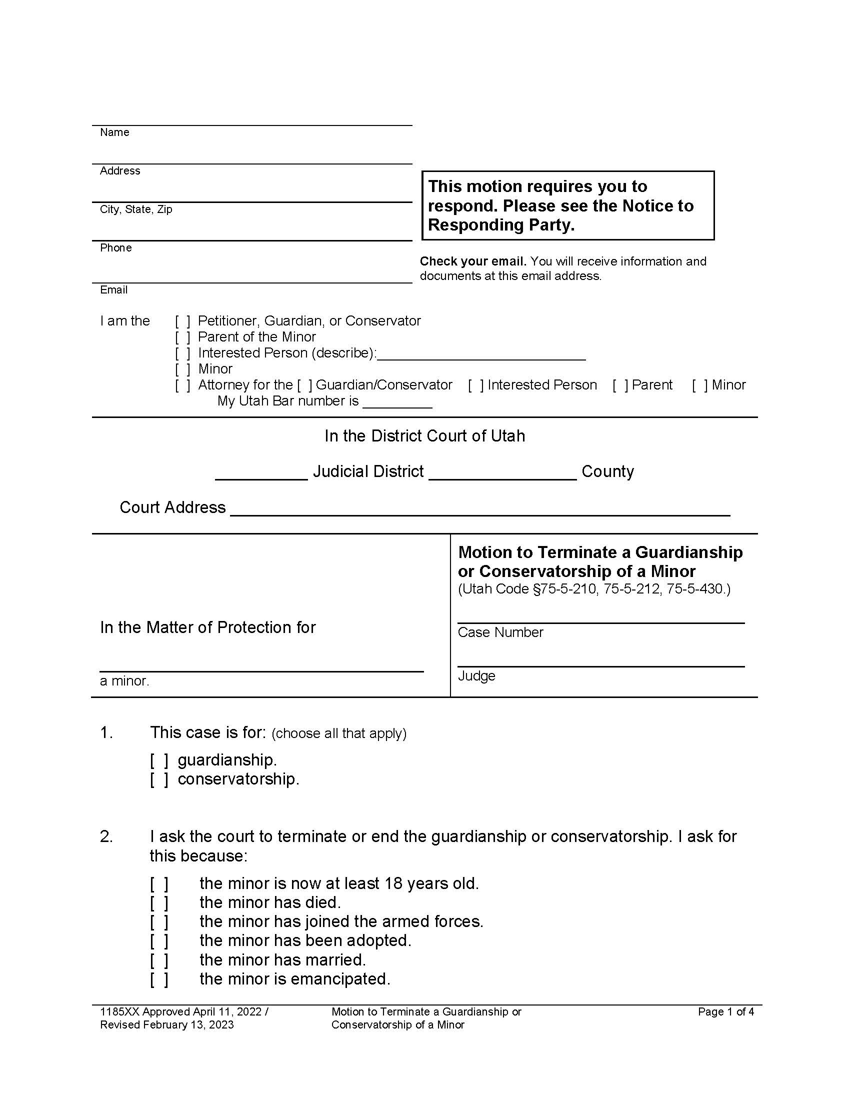 Motion To Terminate Guardianship And-Or Conservatorship (Protected Person) | Pdf Fpdf Docx | Utah
