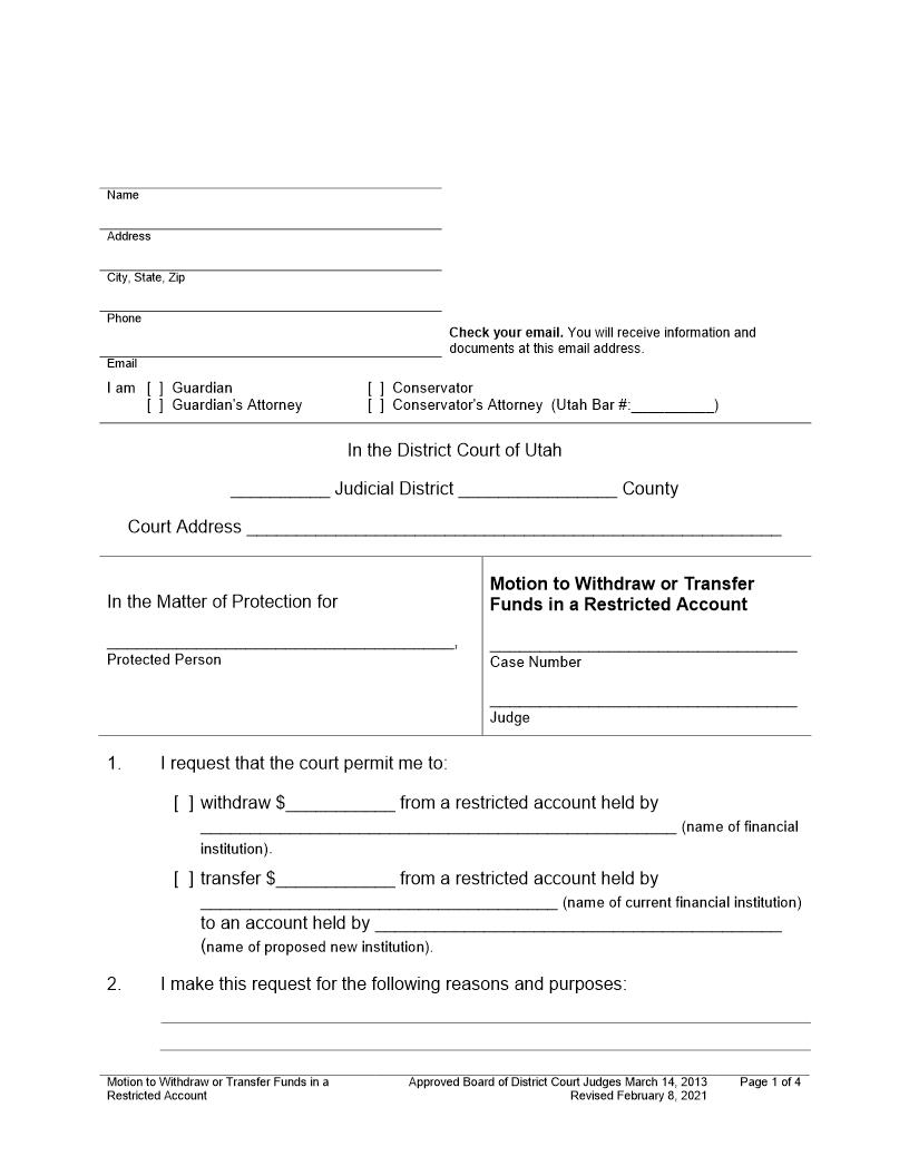 Motion To Withdraw Or Transfer Funds In Restricted Account | Pdf Fpdf Docx | Utah