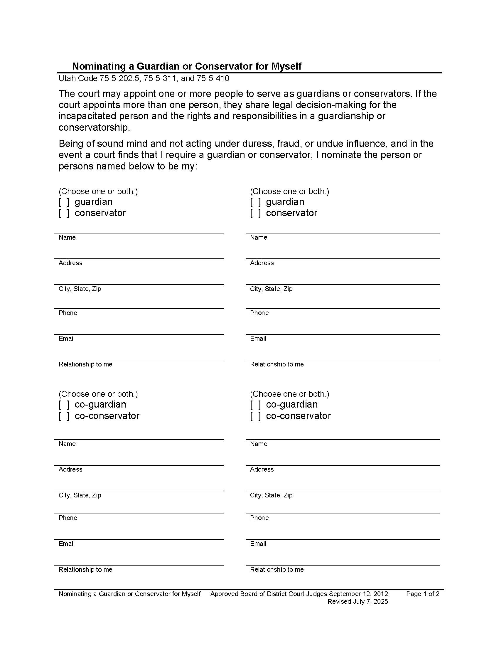 Nomination For Oneself Of Guardian And Conservator | Pdf Fpdf Docx | Utah