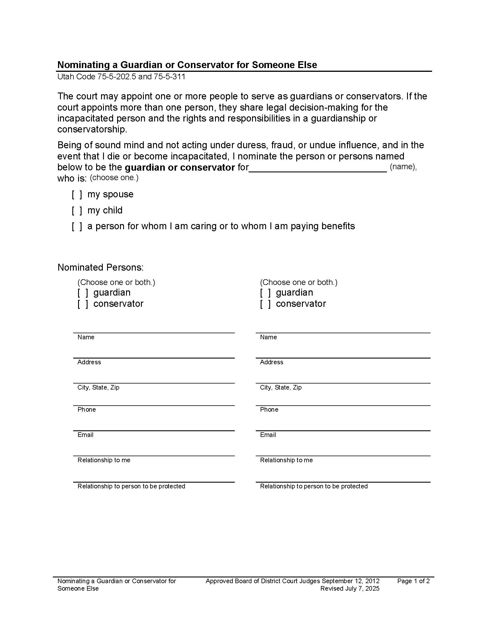 Nomination Of Guardian For Someone Else | Pdf Fpdf Docx | Utah